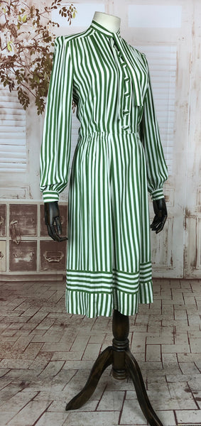 RESERVED - Original 1940s 40s Vintage Green And White Striped Rayon Dress With Bishop Sleeves