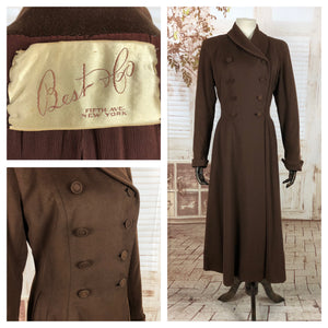Original Vintage 1940s 40s Brown Gabardine Double Breasted Princess Coat