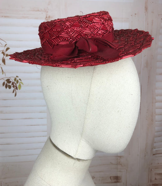 Fabulous Original 1940s 40s Vintage Red Pleated Straw Tilt Hat