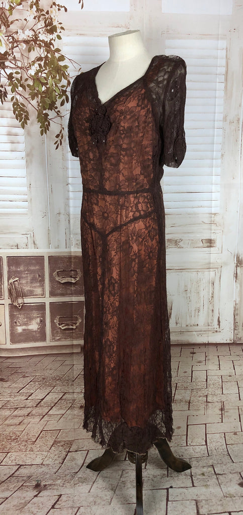 Original 1930s 30s Vintage Brown Lace Over Pink Slip Evening Dress Black Sheep Antiques Original 1930s 30s Vintage Brown Lace Over Pink Slip Evening Dress Black Sheep Antiques
