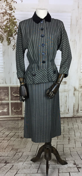 Original 1940s 40s Vintage Silver Grey Black Stripe Summer Suit With Black Velvet Collar By Kay Windsor
