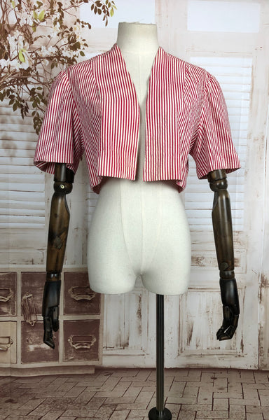 Original Vintage 1940s 40s Red Candy Striped Cropped Bolero Jacket