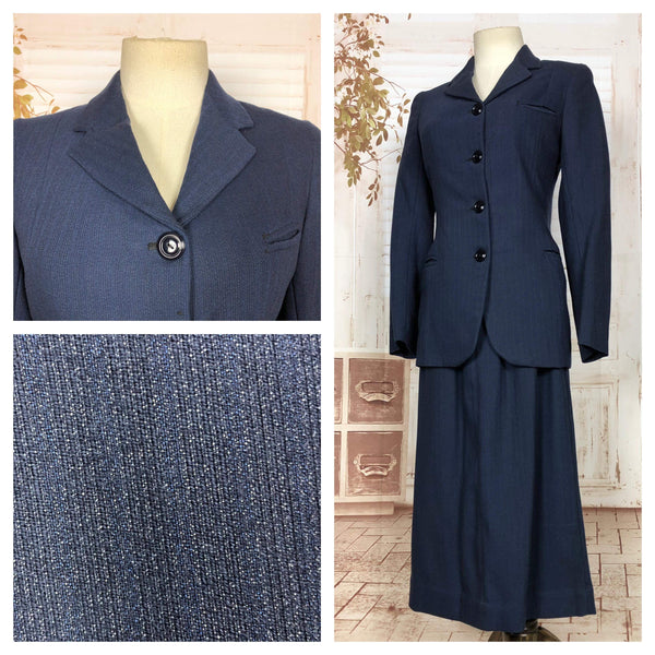 Wonderful Original 1940s Vintage Navy Blue Chalk Stripe Skirt Suit