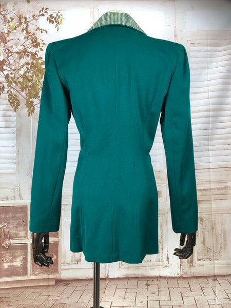 Incredible Original 1940s 40s Vintage Emerald Green Blazer With Gingham Details