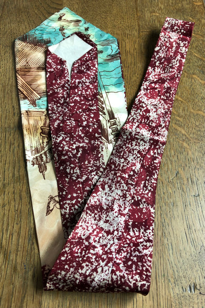 Incredible Original 1940s Hand Painted Turquoise And Burgundy Venice Gondola And City Scape Swing Tie