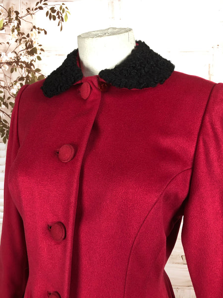 Original 1940s 40s Vintage Red Princess Coat With Astrakhan Collar By Carl New York