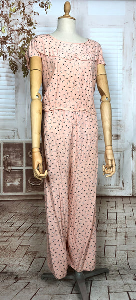 Amazing Original 1940s Vintage Pink Print Beach Pyjama Pajama Pant Set