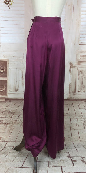 Original 1930s 30s Vintage Magenta Satin Cocktail Pyjama Trousers