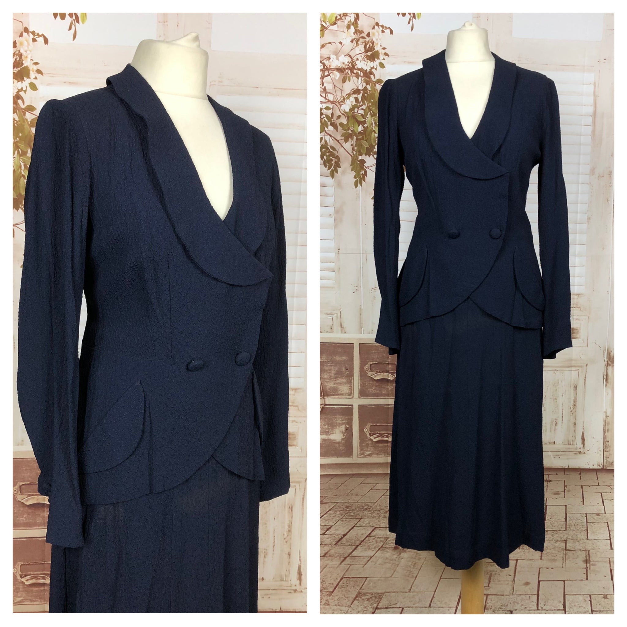 Original 1930s 30s Vintage Navy Blue Textured Crepe Skirt Suit