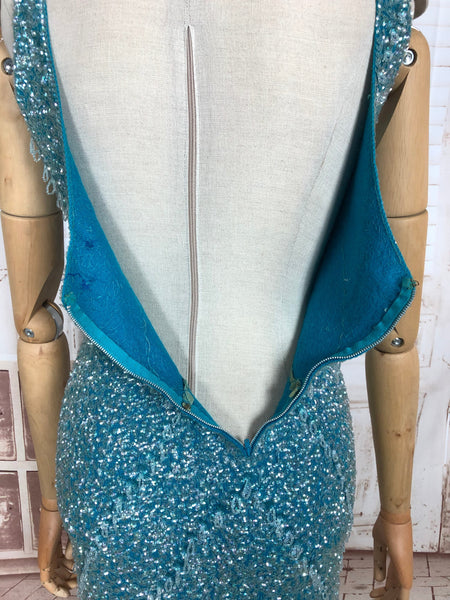 LAYAWAY PAYMENT 1 OF 5 - RESERVED FOR LINDSAY - Exceptional Original 1950s Vintage Fully Beaded Turquoise Gown Hollywood Dress Unlabelled Gene Shelly