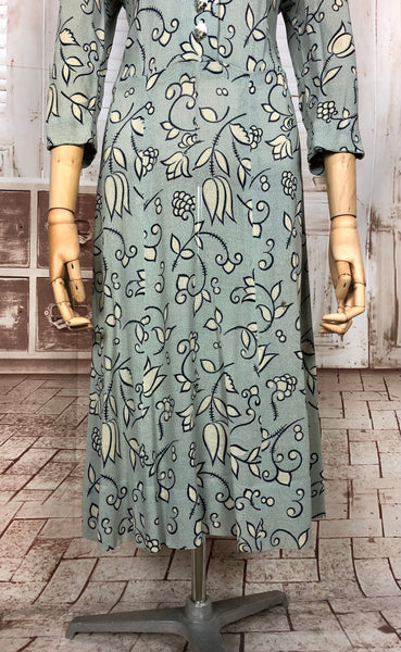 Incredible Original 1940s Duck Egg Blue Woven Rayon Floral Print Dress