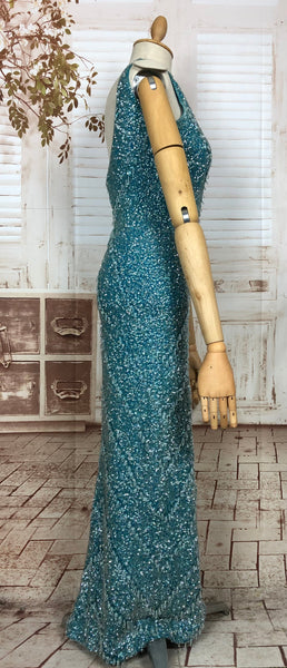 LAYAWAY PAYMENT 1 OF 5 - RESERVED FOR LINDSAY - Exceptional Original 1950s Vintage Fully Beaded Turquoise Gown Hollywood Dress Unlabelled Gene Shelly