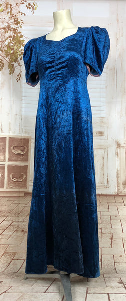Beautiful Original 1930s Vintage Rich Electric Blue Silk Velvet Evening Dress With Puff Sleeves
