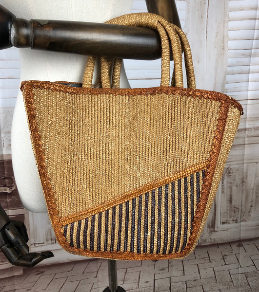 Large 1940s 40s Embroidered Straw Bag