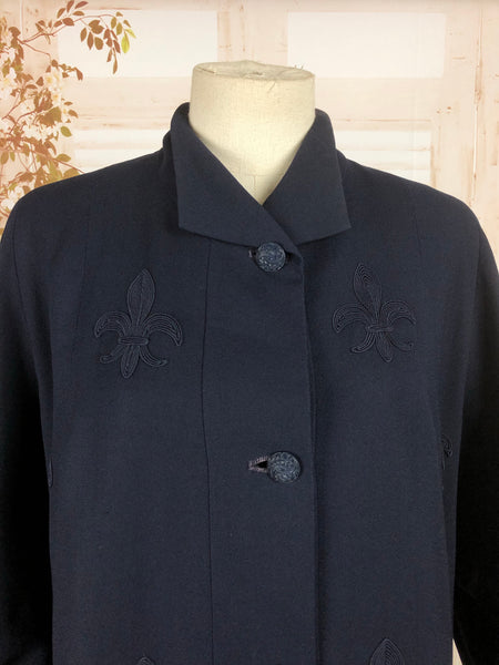 Original Late 1940s 40s Vintage Navy Blue Coat With Soutache Fleur De Lis Design By Forstmann