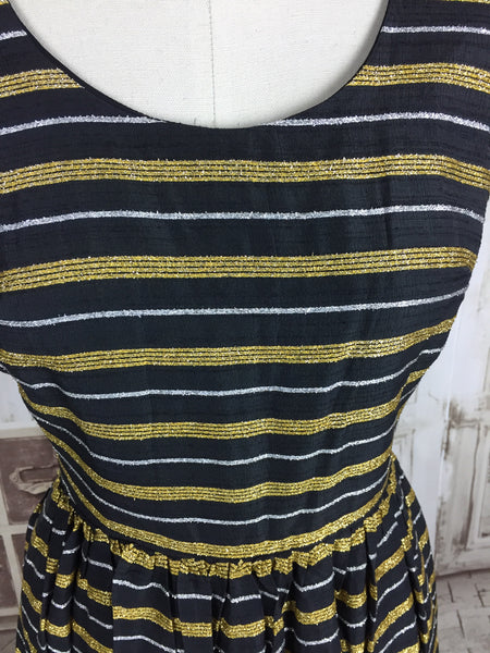 Original 1950s Black Silk Mix Dress With Silver And Gold Lurex Stripes By Trina Lewis