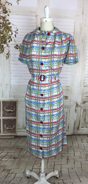 RESERVED FOR LISA - PLEASE DO NOT PURCHASE - Original 1940s Vintage White Flower Print Dress Red Buttons And Matching Belt With Buckle