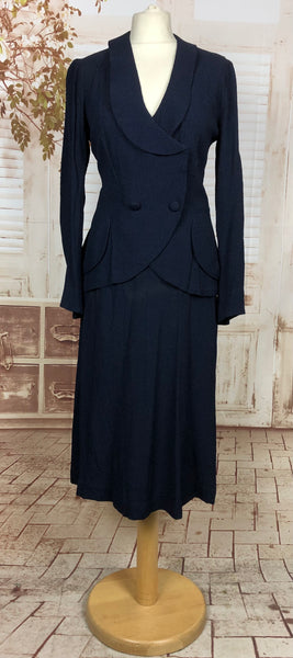 Original 1930s 30s Vintage Navy Blue Textured Crepe Skirt Suit