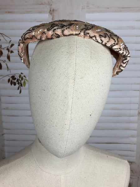 Original 1950s 50s Pink Sequinned And Beaded Cocktail Hat