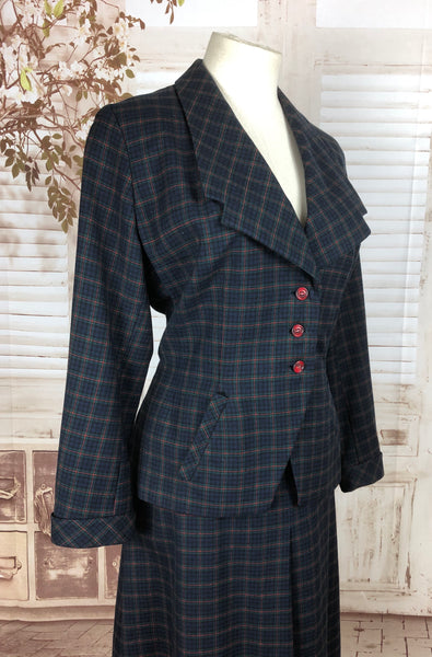 Original 1940s 40s Vintage Green Blue Red Plaid Wool Skirt Suit By Billy Lewis