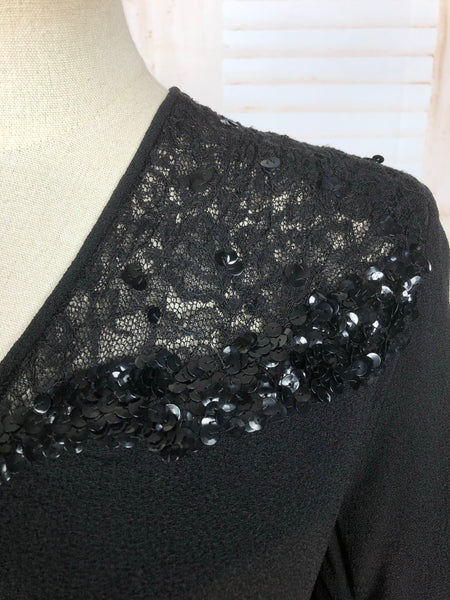 Stunning Original Volup Vintage 1940s 40s Little Black Dress With Lace And Sequins