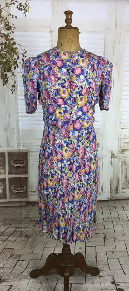 Original 1930s 30s Vintage Floral Rayon Dress With Puff Shoulder