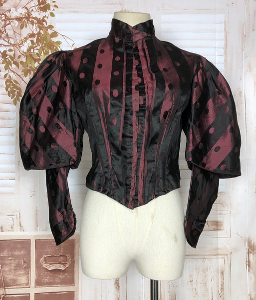 Exquisite Victorian 1890s Antique Burgundy Boned Bodice With Incredible Sleeves