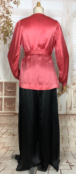 LAYAWAY PAYMENT 1 OF 2 - RESERVED FOR LIV - Exquisite Original 1930s Fuchsia Pink And Black Satin Lounge Pyjama Set With Bishop Sleeves