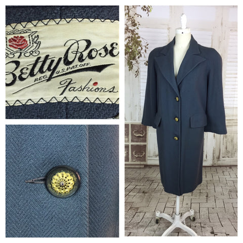 Original 1940s Vintage Petrol Blue Betty Rose Wool Coat With Huge Shoulders