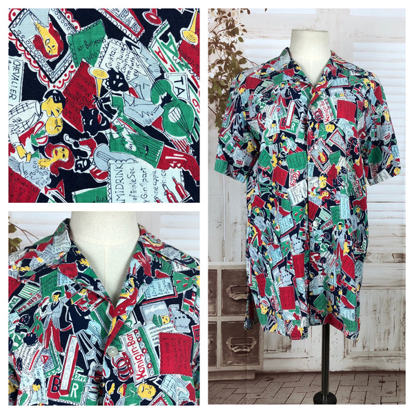 Original 1950s 50s Vintage Novelty Print Smock Blouse With Bar And Cocktail Theme