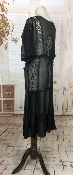 Original Vintage 1930s 30s Black Sheer Chiffon And Lace Dress
