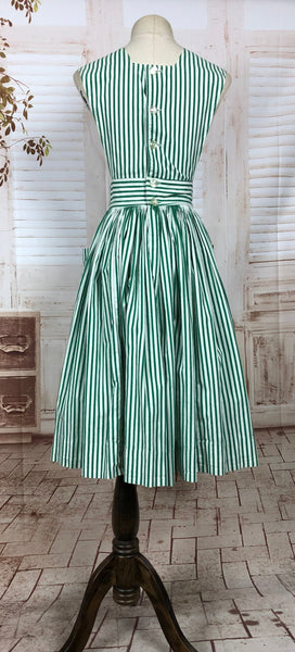 Rare Original 1940s 40s Vintage Green And White Striped Pinafore Dress