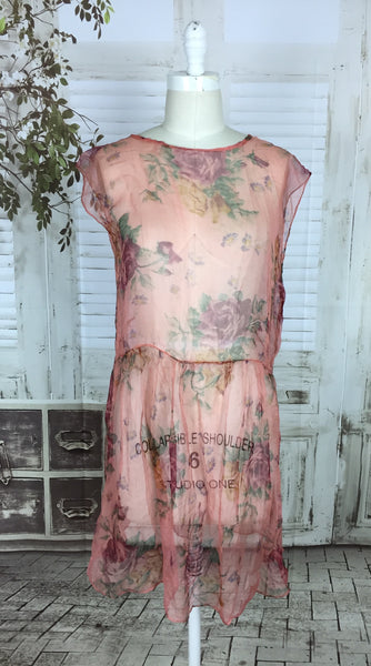 Original 1920s 20s Pink Floral Vintage Georgette Dress
