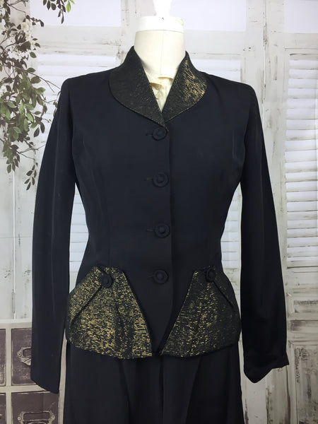 Original 1940s Black Faille Vintage Skirt Suit With Gold Lurex Collar And Pockets