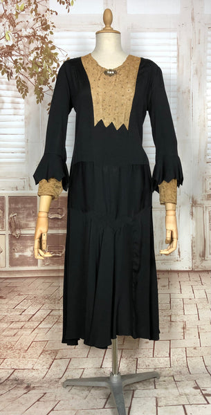 Incredible Late 1920s / Early 1930s Vintage Black Cocktail Dress With Lace Inserts