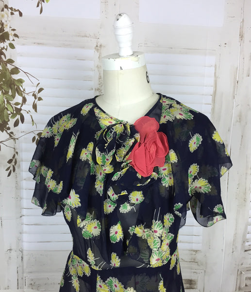 LAYAWAY PAYMENT 2 OF 2 - RESERVED FOR MICHELE - Original 1930s Navy Blue Chiffon Dress With Yellow Flowers And Cape Back