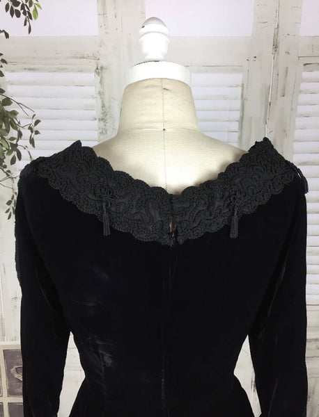 Original Vintage Black Velvet 1930s 30s Soutache Tassel Dress