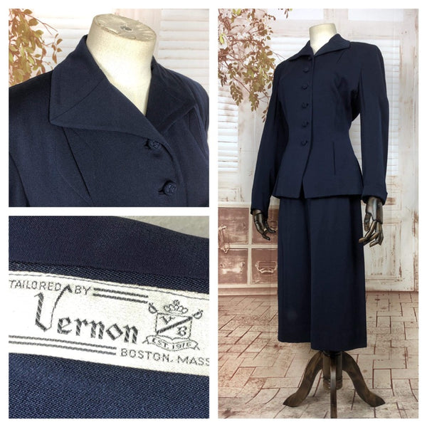 Beautiful Original 1940s 40s Vintage Navy Blue Suit By Vernon