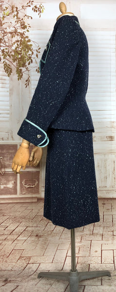 Rare Exquisite Original 1950s Vintage Navy And Robins Egg Blue Flecked Lilli Ann Skirt Suit