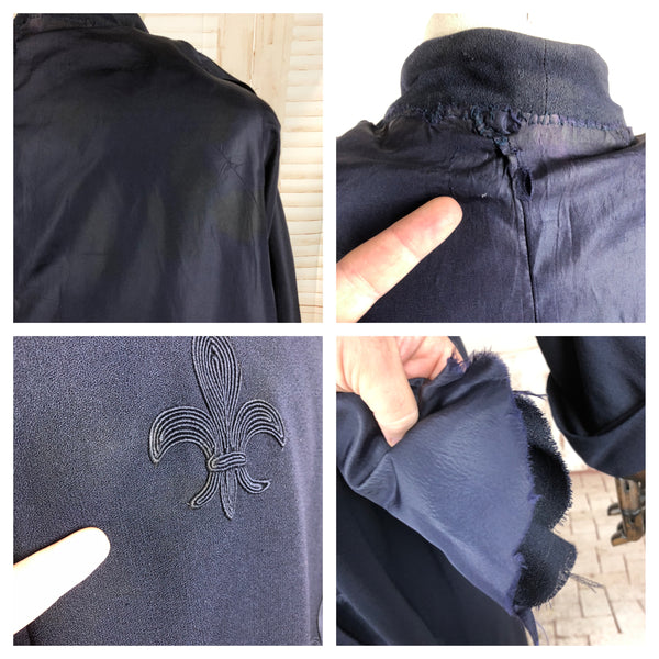 Original Late 1940s 40s Vintage Navy Blue Coat With Soutache Fleur De Lis Design By Forstmann