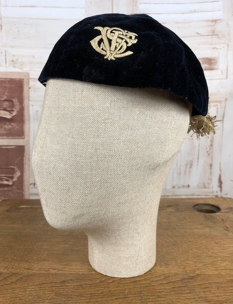 Gorgeous Original Late 1920s / Early 1930s Blue Velvet Smoking Cap With Huge Champagne Silver Tassel