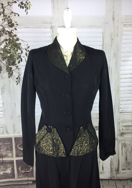 Original 1940s Black Faille Vintage Skirt Suit With Gold Lurex Collar And Pockets