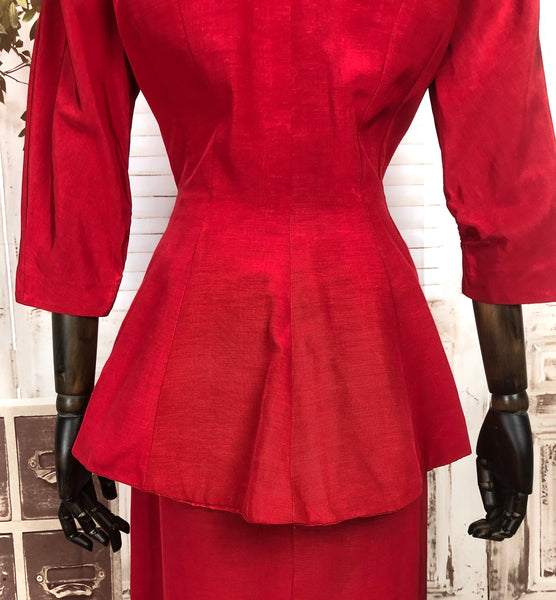Original 1940s 40s Vintage Red Fallie Skirt Suit With Long Line Jacket By Lil Alice