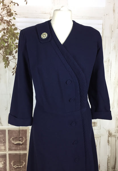 Original 1940s 40s Volup Vintage Navy Blue Wool Asymmetric Pin Tucked Day Dress