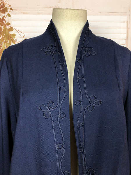 Fabulous Lightweight Late 1940s 40s / Early 1950s 50s Vintage Blue Clutch Coat With Soutache Embroidery