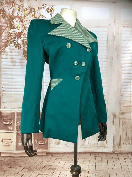 Incredible Original 1940s 40s Vintage Emerald Green Blazer With Gingham Details