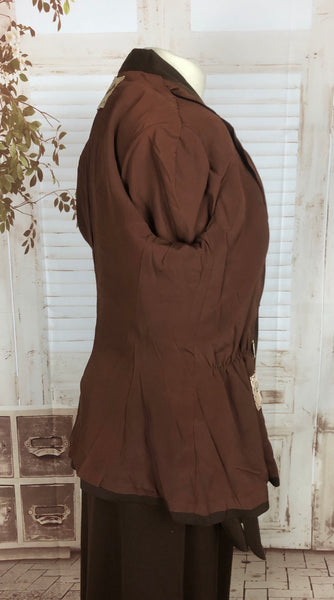 Original 1940s 40s Vintage Brown Gabardine Belted Skirt Suit