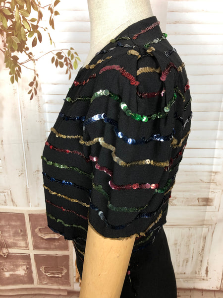 Amazing Original 1930s 30s Vintage Black Full Length Draped Evening Gown With Rainbow Sequin Stripes And Matching Bolero Jacket