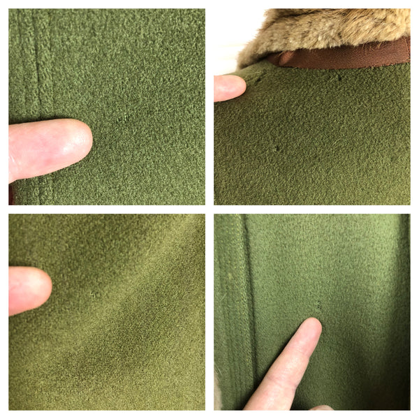 Original 1940s 40s Volup Vintage Olive Green Wool Swing Coat With Fur Trim