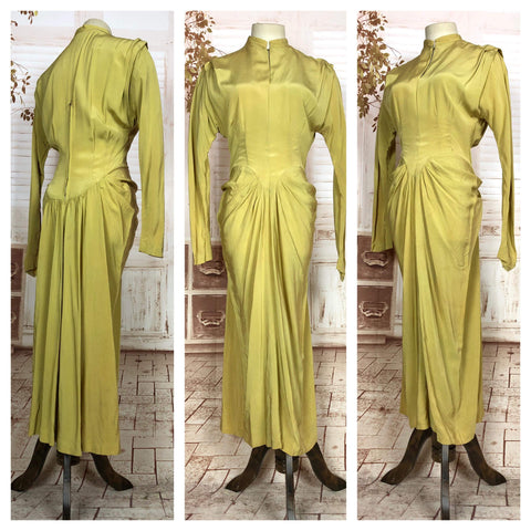 Exceptional 1940s Original Vintage Chartreuse Green Rayon Draped Cocktail Evening Dress